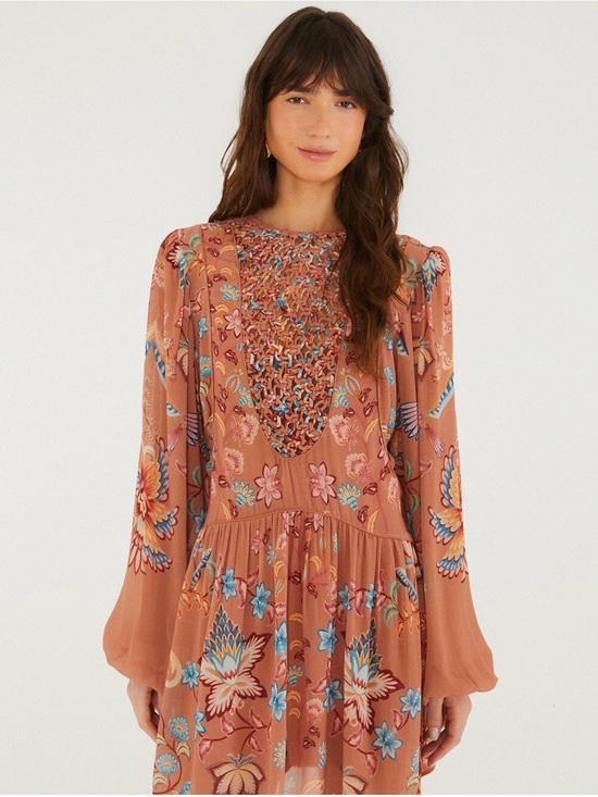 FARM Rio Dresses & Skirts - FARM Rio Terracotta Floral Smocked V-Neck Maxi Dress